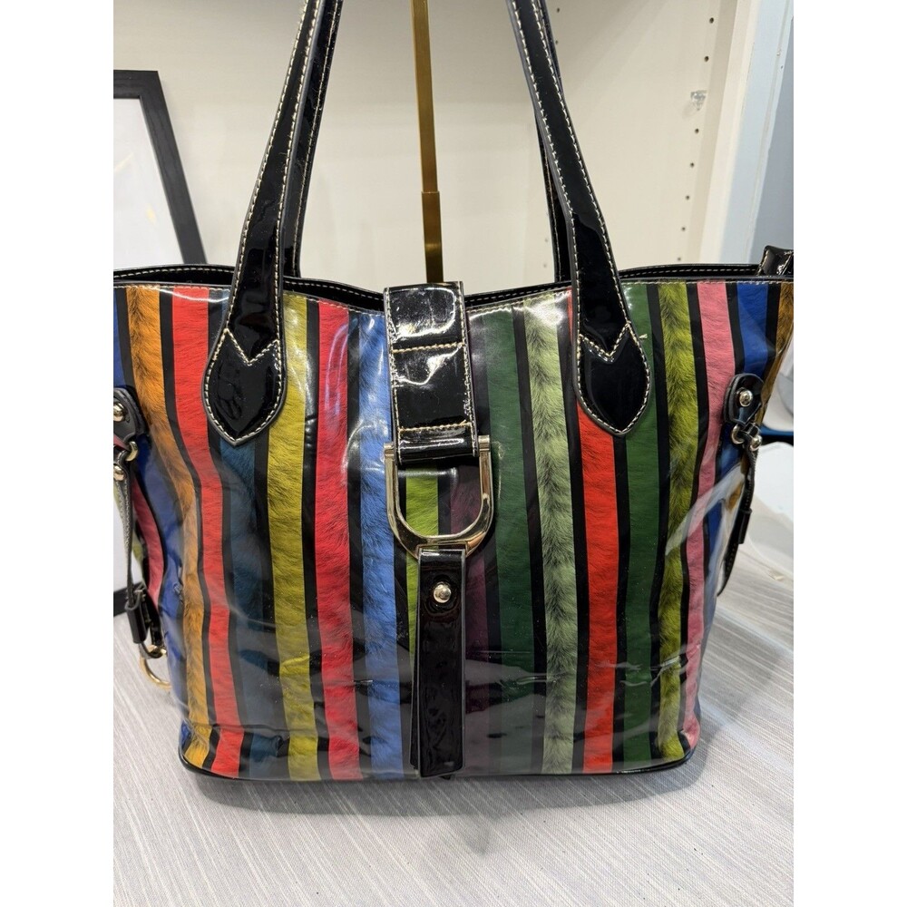 Y2K Patent Leather Large Tote W/handles Multicolor Patchwork strips Boho Style